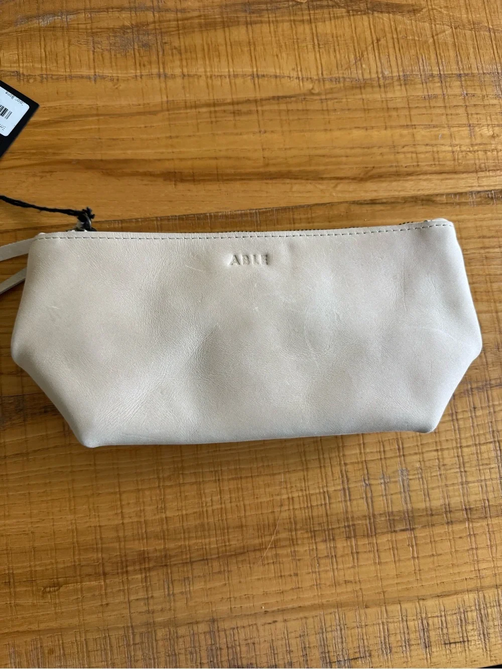 ABLE Cream Leather Zip Cosmetic Pouch with Subtle Logo